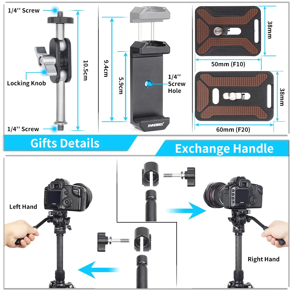 Black Innorel F10 fluid head with a padded pan handle, bubble level and quick release plate, with optional add-ons