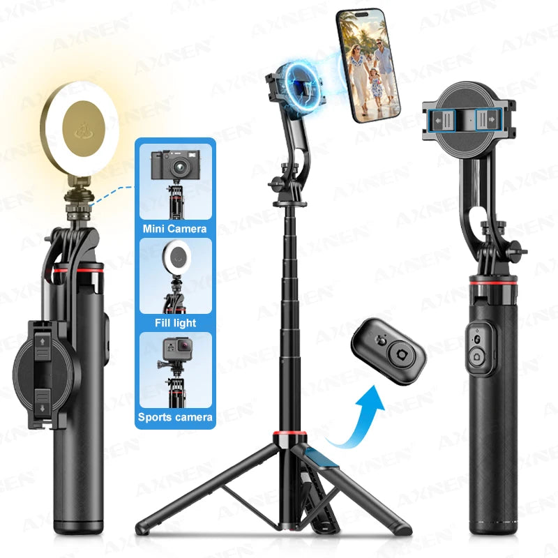 Black Axnen selfie stick tripod with a round magnetic phone mount, a small remote, and a ring light on the side