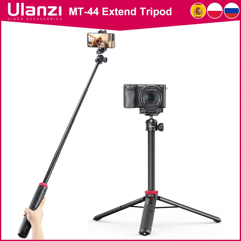 Black Ulanzi MT-44 extended as a handheld stick with a phone on top, and set up as a tripod holding a mirrorless camera
