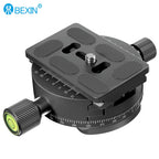 Round black Bexin clamp with scale markings, two locking knobs, a bubble level and a degree ring around its base