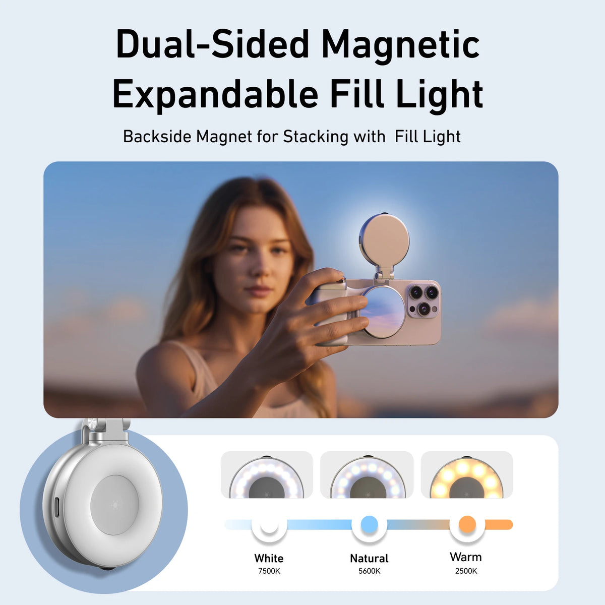 Silver and white phone grip held magnetically on the back of a phone, shown again on a small tripod and with a remote