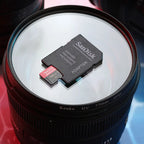 A SanDisk Extreme Pro 128GB microSD card and a SanDisk Extreme card in a black SD adapter on a pink background