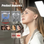 Three slim LED video panels on adjustable tripod stands against a pale blue set, with warm and cool color swatches
