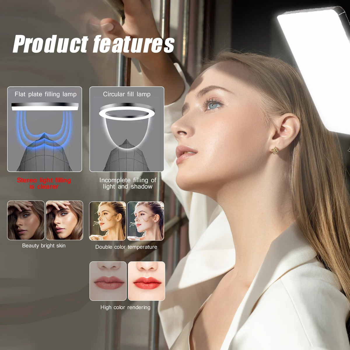 Three slim LED video panels on adjustable tripod stands against a pale blue set, with warm and cool color swatches