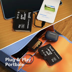Black Budi card case shaped like an oversized microSD card, open to show card slots and a fold-out USB reader