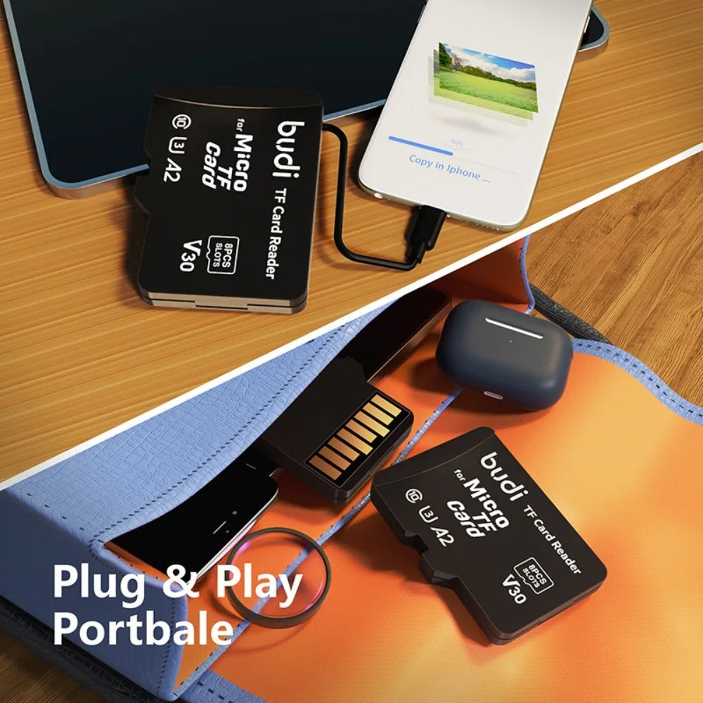 Black Budi card case shaped like an oversized microSD card, open to show card slots and a fold-out USB reader