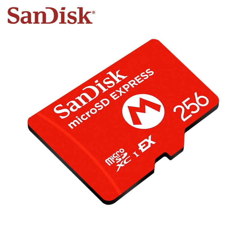 Red SanDisk microSD Express 256GB card with a white mushroom-style M logo printed on the face