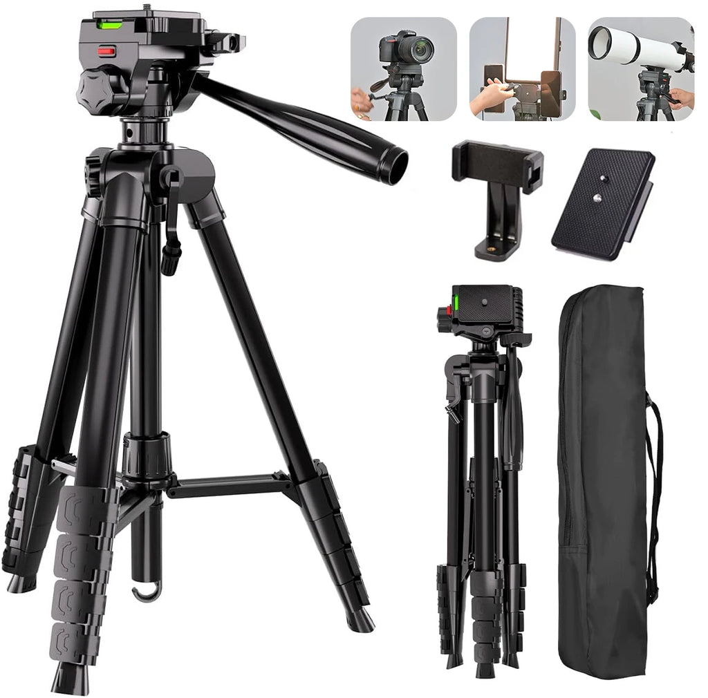 Black tripod with a pan head and long handle, shown with a phone holder, a spare plate, a folded view and a black carry bag