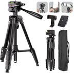 Black tripod with a pan head and long handle, shown with a phone holder, a spare plate, a folded view and a black carry bag