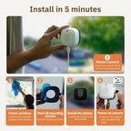 Square white window camera with a black lens panel, beside a phone app showing a house and a garage door