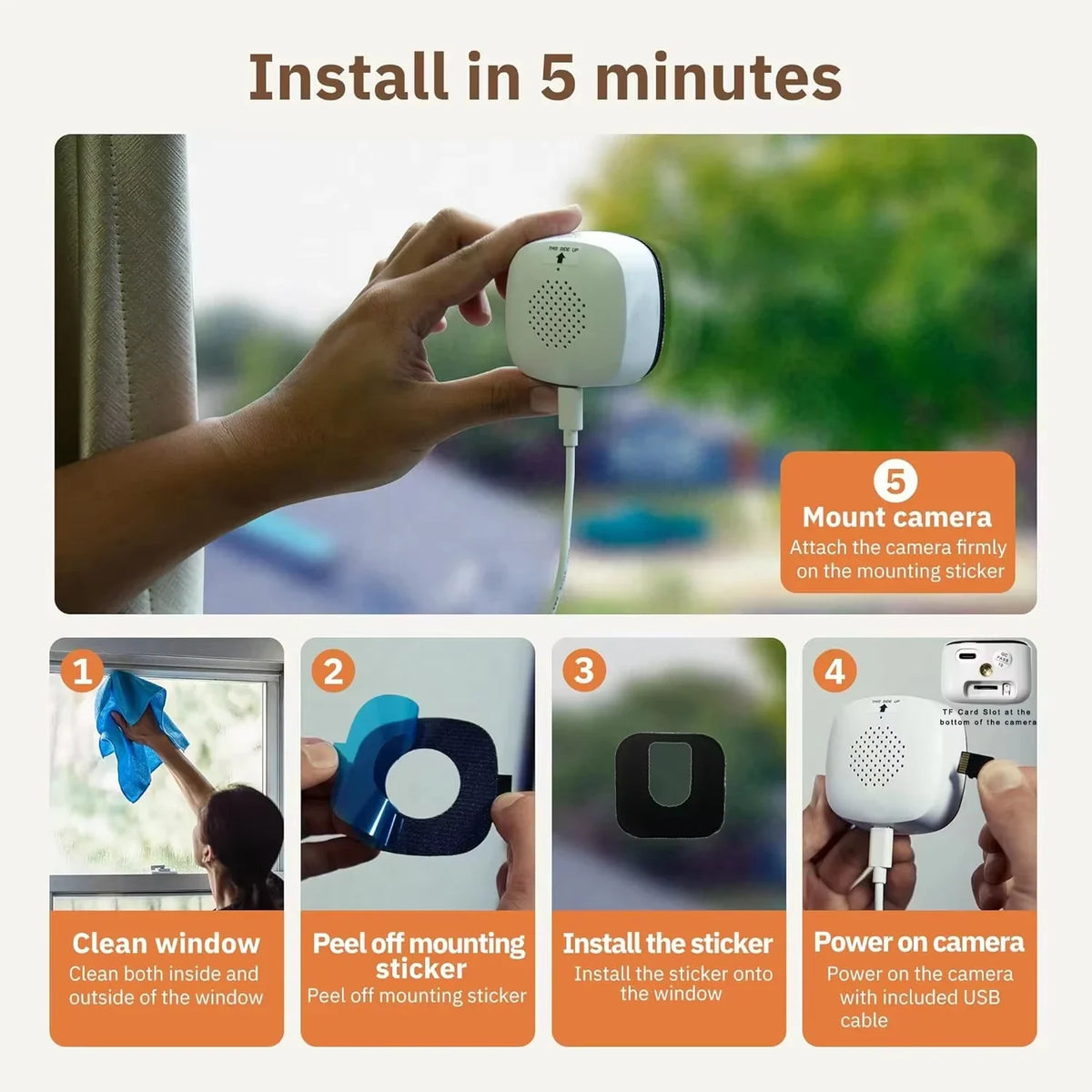 Square white window camera with a black lens panel, beside a phone app showing a house and a garage door