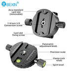 Round black Bexin clamp with scale markings, two locking knobs, a bubble level and a degree ring around its base