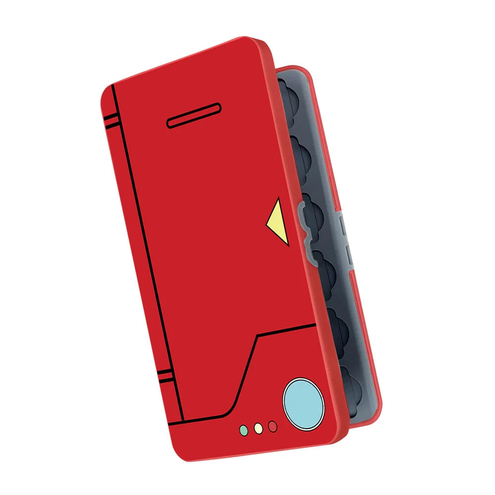 Red hard-shell card case open to show two grey trays of game card and microSD slots, several of them filled