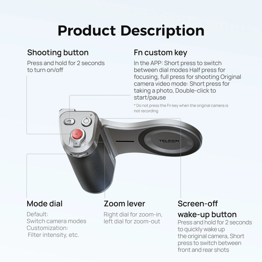 Silver Telesin Master grip with a black leather-look handle and a magnetic ring, holding a phone, a round panel lit above