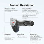 Silver Telesin Master grip with a black leather-look handle and a magnetic ring, holding a phone, a round panel lit above