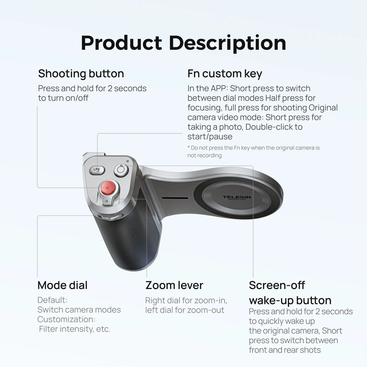 Silver Telesin Master grip with a black leather-look handle and a magnetic ring, holding a phone, a round panel lit above