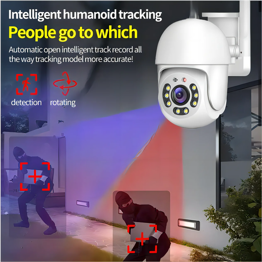 White dome pan-tilt security camera with two antennas on a wall bracket, beside a hand holding a phone showing a yard