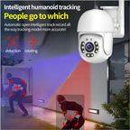 White dome pan-tilt security camera with two antennas on a wall bracket, beside a hand holding a phone showing a yard