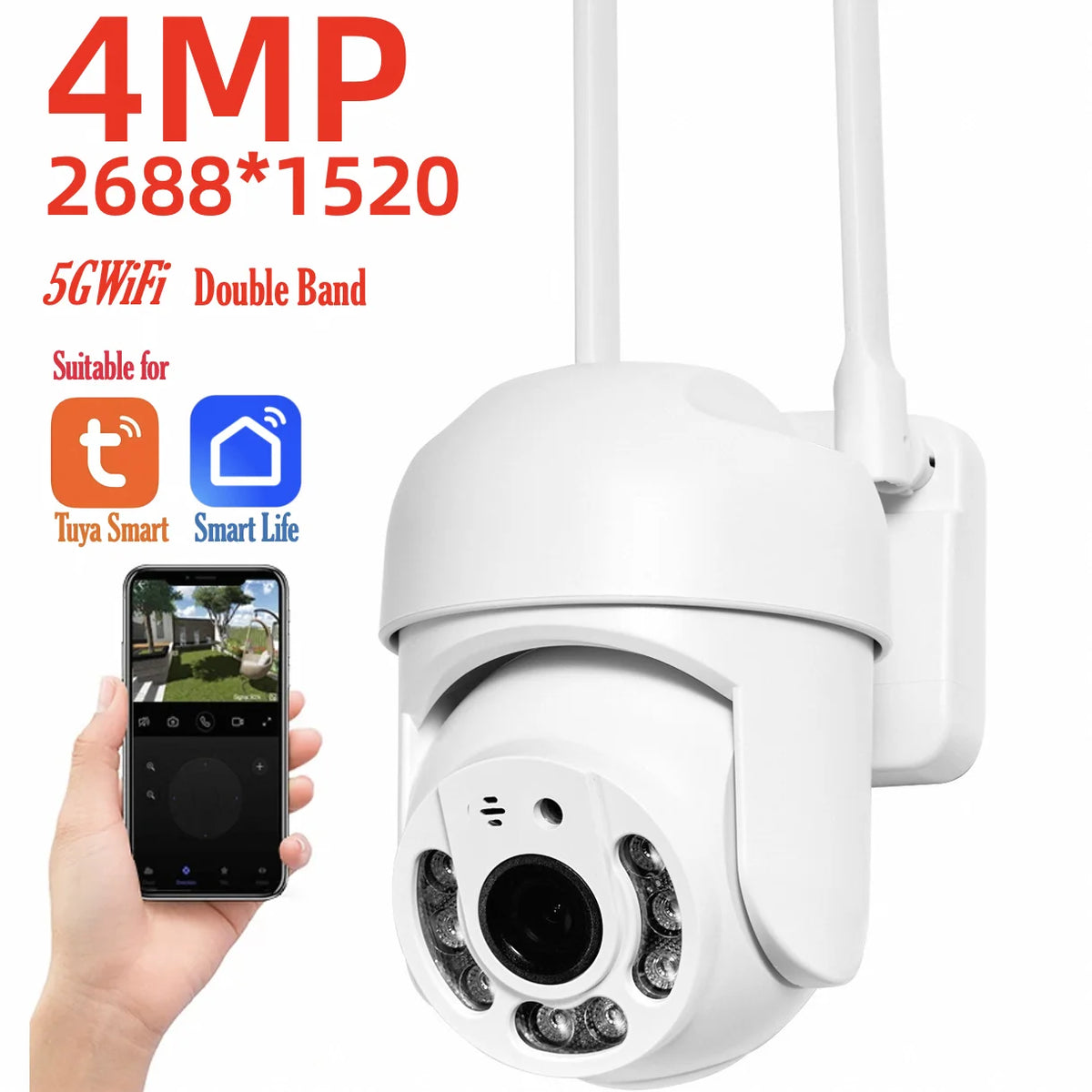 White dome pan-tilt security camera with two antennas on a wall bracket, beside a hand holding a phone showing a yard