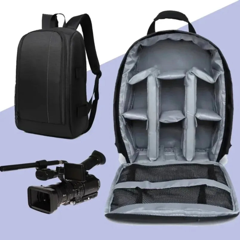 Small black camera backpack shown open with orange padded dividers holding a camera and lenses, with back and side views