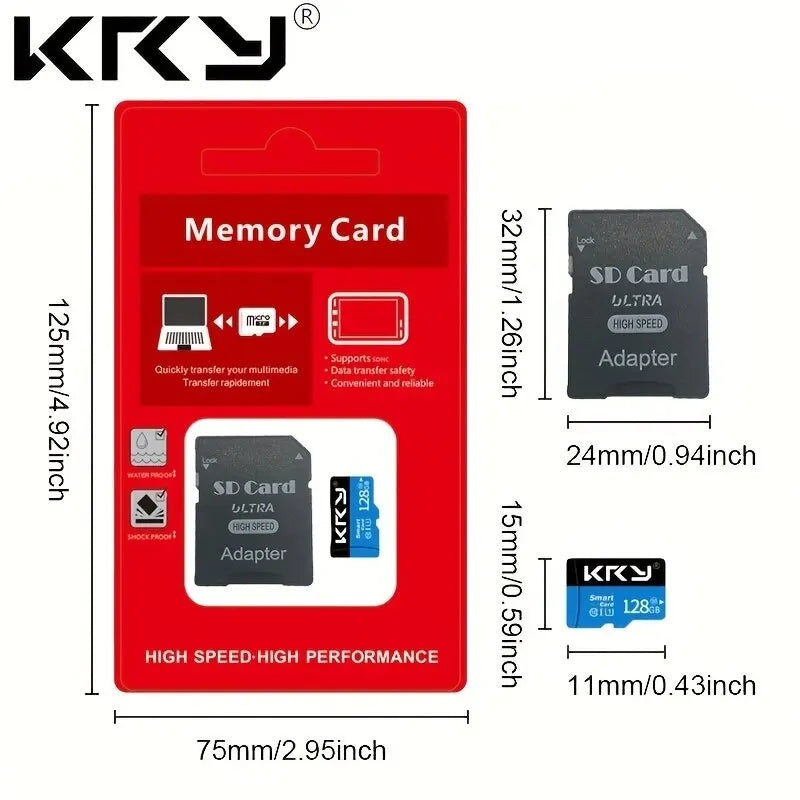 Blue and black KRY microSD cards from 8GB to 128GB beside a red retail pack holding a card and an SD adapter