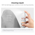 K&F Concept kit laid out: lens pen, soft brush, black air blower, lens cleaner spray bottle, orange wipes and gray cloths