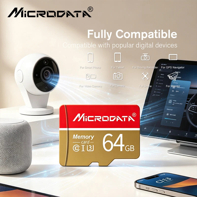 Red and gold Microdata microSD cards in several capacities with a blue retail pack and a black SD adapter