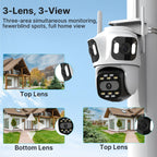 White outdoor security camera with two fixed lenses on top and a pan-tilt lens below, next to a phone showing three views