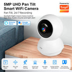White Fuers pan-tilt camera on a wall bracket, labeled 5MP, beside a phone showing a kitten in the app