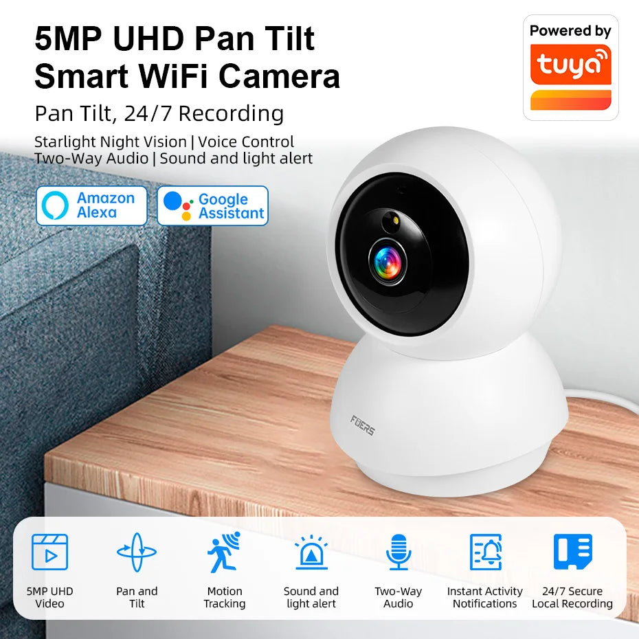 White Fuers pan-tilt camera on a wall bracket, labeled 5MP, beside a phone showing a kitten in the app