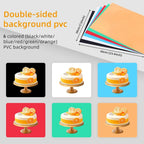 Black Lightdow cube light box with a ring of LEDs inside, six rolled color backdrops and the box folded flat with a handle
