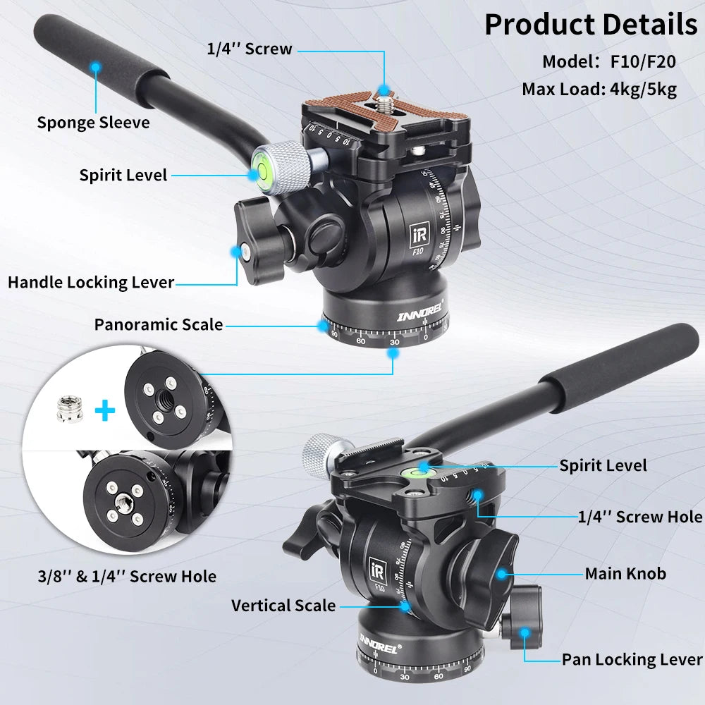Black Innorel F10 fluid head with a padded pan handle, bubble level and quick release plate, with optional add-ons