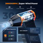 Black and orange K&F Concept handheld electric blower with vacuum attachment, plus nozzles, filter, USB cable and brushes