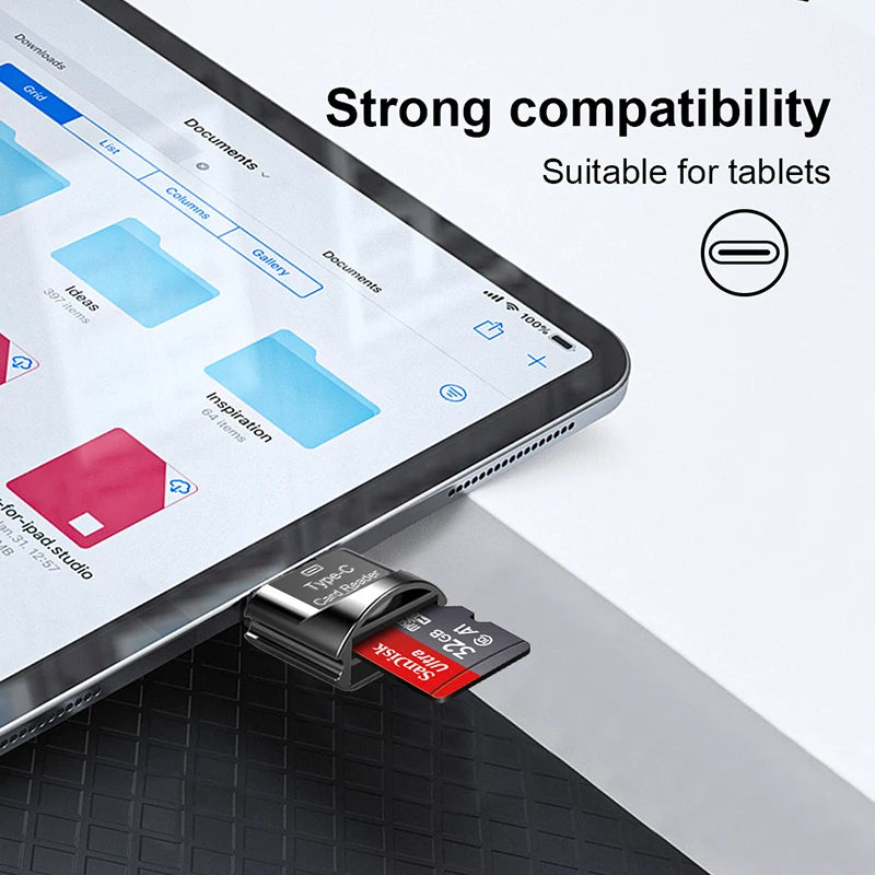 SanDisk Ultra microSD cards in 32, 64 and 128GB beside a retail pack and a small Type-C card reader