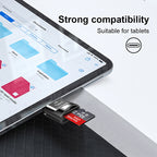 SanDisk Ultra microSD cards in 32, 64 and 128GB beside a retail pack and a small Type-C card reader