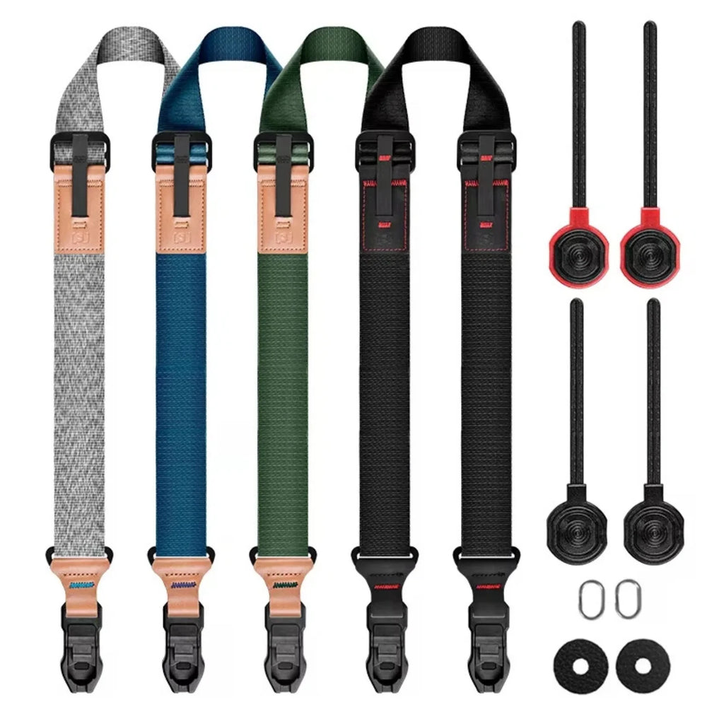 Camera shoulder straps in grey, blue, green and black with quick release clips, beside four round anchor connectors