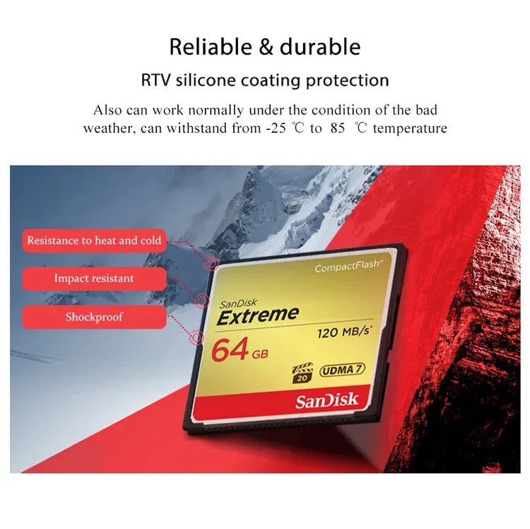 Gold and black SanDisk Extreme 32GB CompactFlash card marked 120 MB per second and UDMA 7