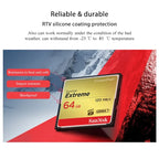 Gold and black SanDisk Extreme 32GB CompactFlash card marked 120 MB per second and UDMA 7