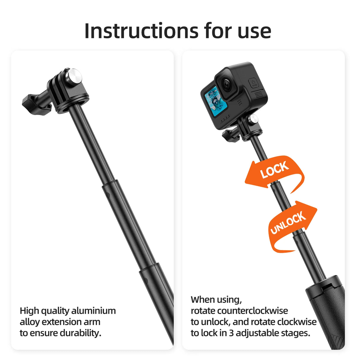Black and orange floating grip with its tripod legs spread, holding an action camera underwater on an extended pole
