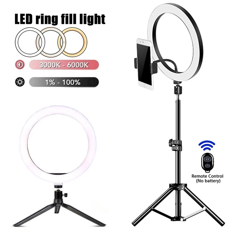 Black LED ring light shown on a small tabletop tripod and on a tall floor stand holding a phone, with a small remote