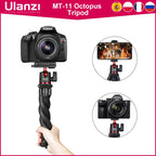 Hand holding a Ulanzi MT-11 bendable-leg tripod with a red-trimmed ball head under a DSLR, plus phone and camera views