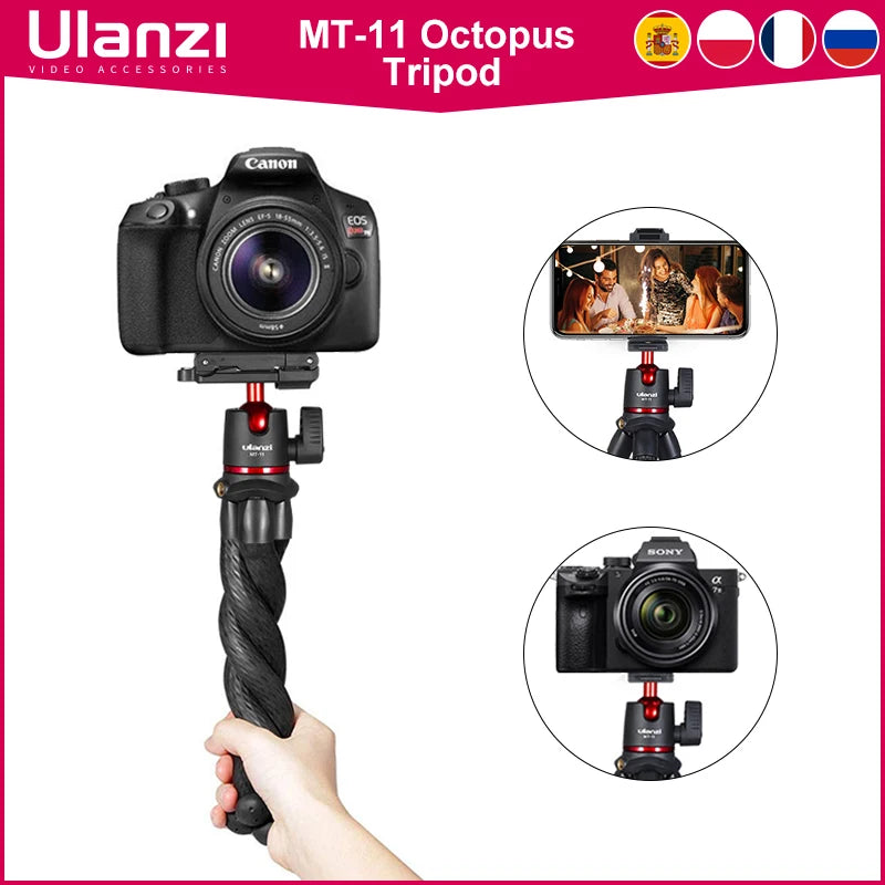 Hand holding a Ulanzi MT-11 bendable-leg tripod with a red-trimmed ball head under a DSLR, plus phone and camera views