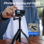 Black Telesin mini tripod standing on open legs beside the same grip extended as a stick, with action cameras in round insets