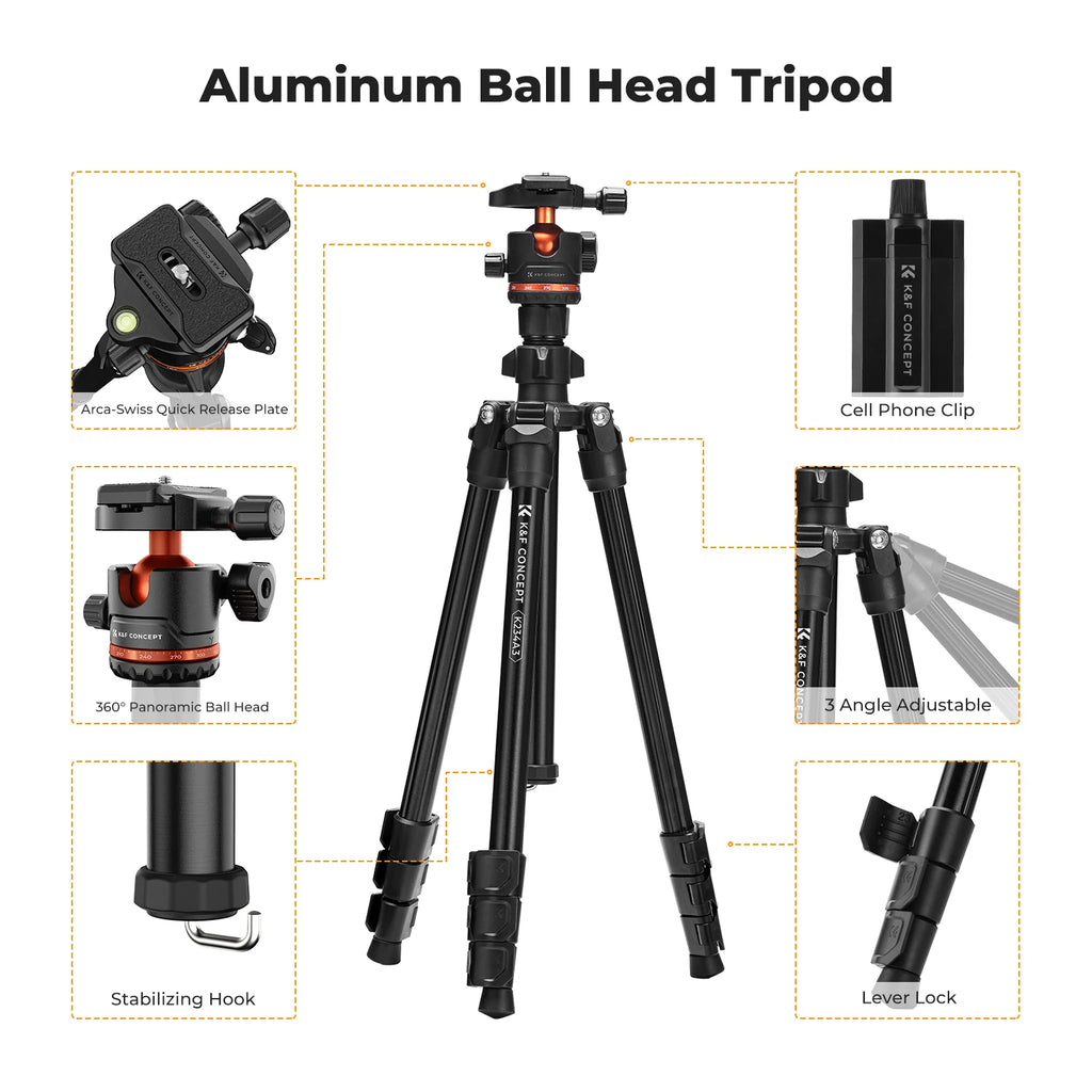 Black K&F Concept tripod with an orange-trimmed ball head, shown with a phone clip, folded legs and a black carry bag