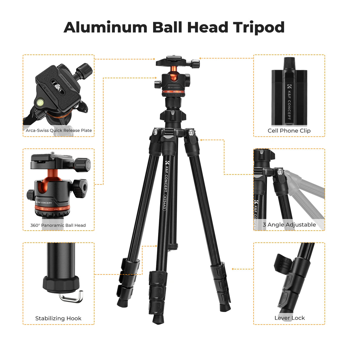 Black K&F Concept tripod with an orange-trimmed ball head, shown with a phone clip, folded legs and a black carry bag
