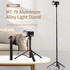 Black Ulanzi tripod stand with three splayed legs, a telescoping center pole, a red locking ring and a tilting mount on top