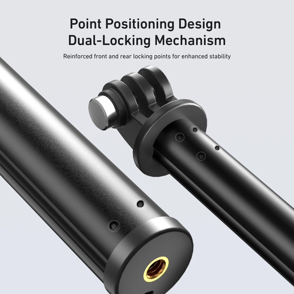 Black Telesin extendable stick with a textured grip, shown with a thumb screw mount, holding an action camera, and closed