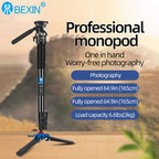 Black Bexin monopod shown closed, and extended on small blue and black support feet with a video head and a long handle