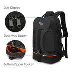 Black Jinnuolang camera backpack with a side access panel open to a grey padded camera compartment