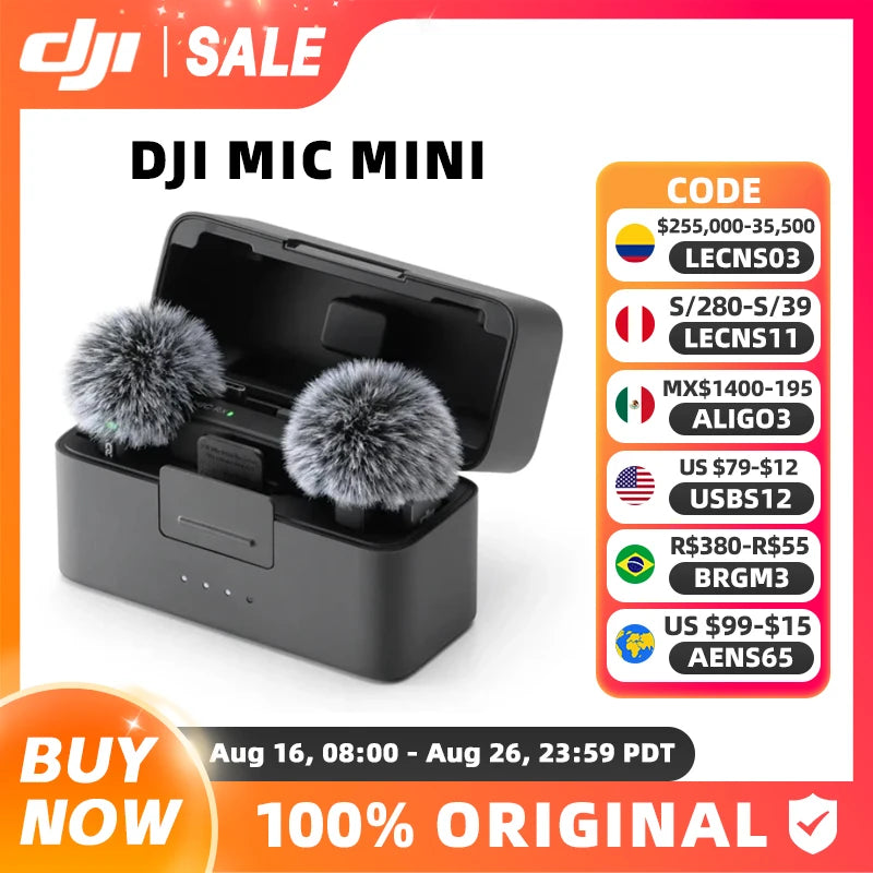 Black DJI Mic Mini charging case open, holding two small transmitters with gray furry windscreens